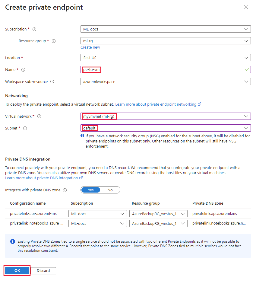 Screenshot of the create private endpoint form.