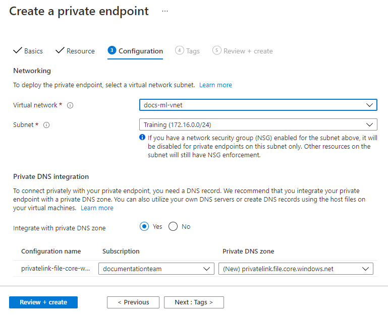 UI to configure the file private endpoint