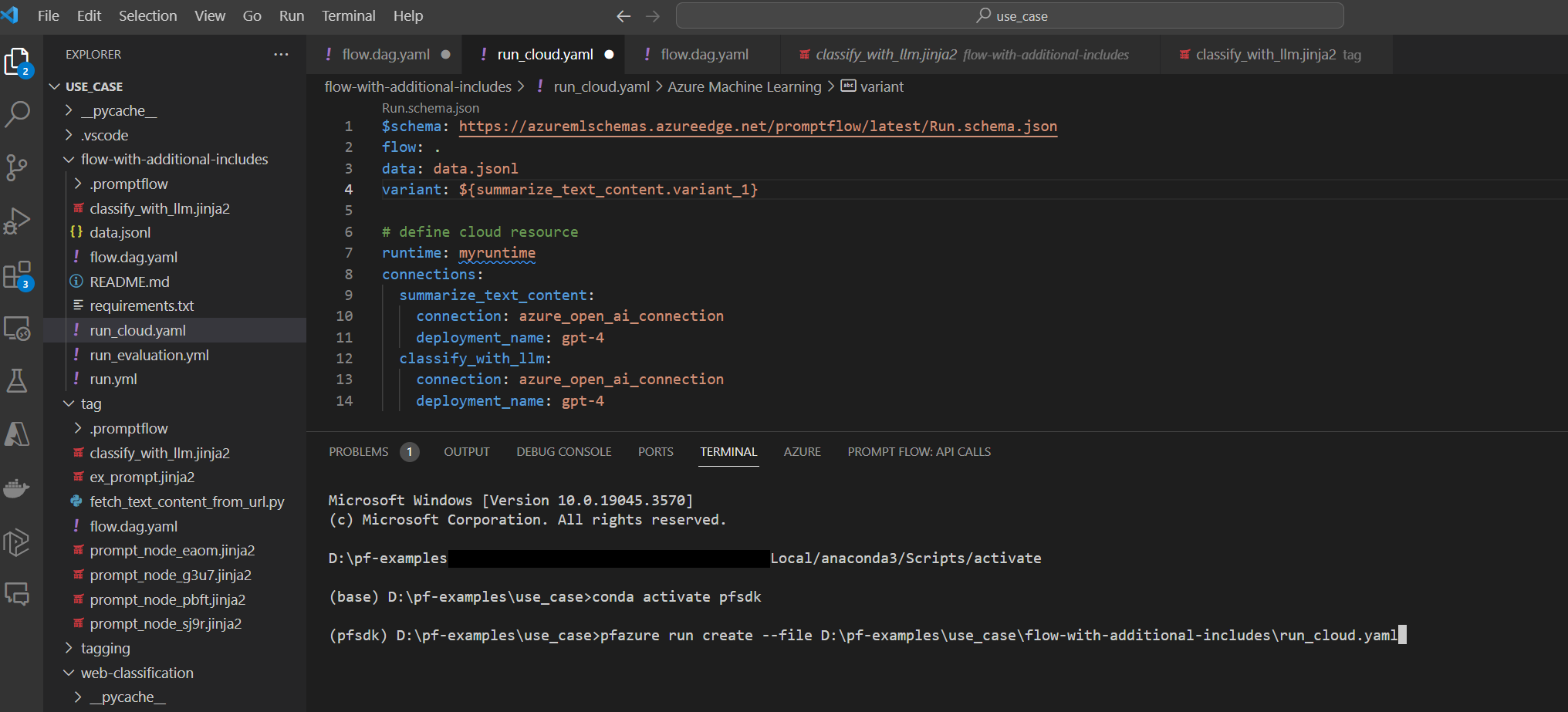 Screenshot of pfazure command to submit run to cloud. 