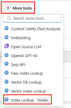 Screenshot of the M ore tools button and dropdown showing the Index Lookup tool in Azure Machine Learning studio.
