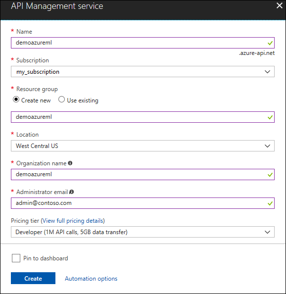 Screenshot shows the A P I Management service dialog box with the required options to create a service.
