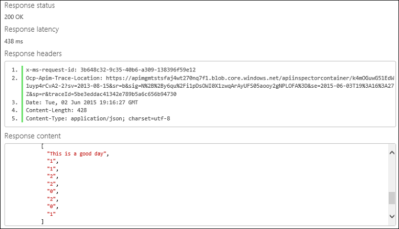 Screenshot shows the developer portal displaying the Response status, Response latency, Response headers, and Response content.