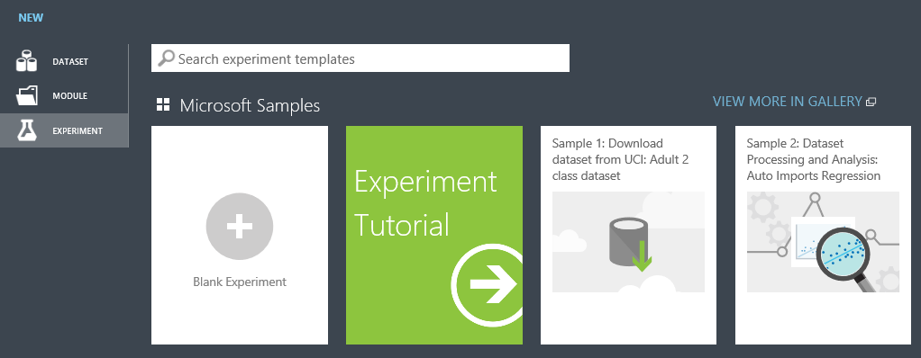 Screenshot shows a NEW page with EXPERIMENT selected and a text search.