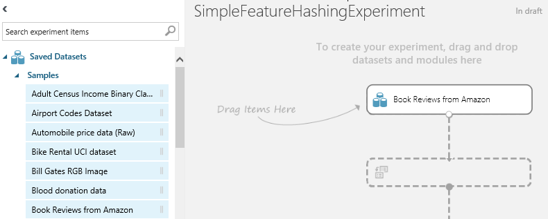 Screenshot shows samples on the left side and a SimpleFeatureHashingExperiment pane on the right with the instruction to Drag items here.