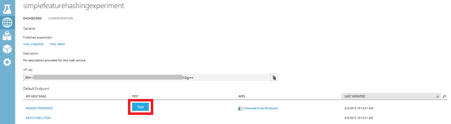 Screenshot shows the experiment in the web service dashboard which has the Test button.