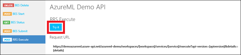 Screenshot shows the Azure M L Demo A P I dialog box with Post R R S Execute selected and a Try it button.