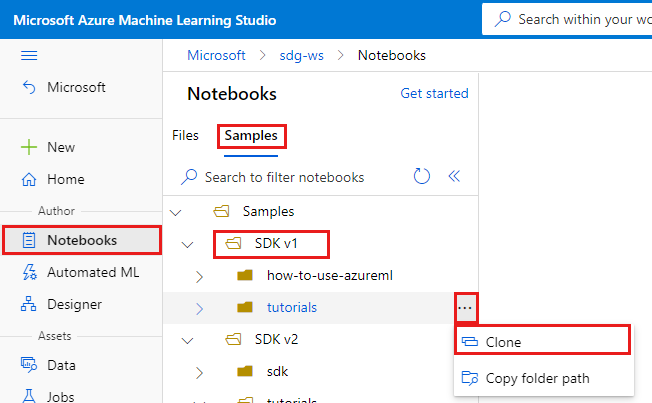 Screenshot that shows the Clone tutorials folder.