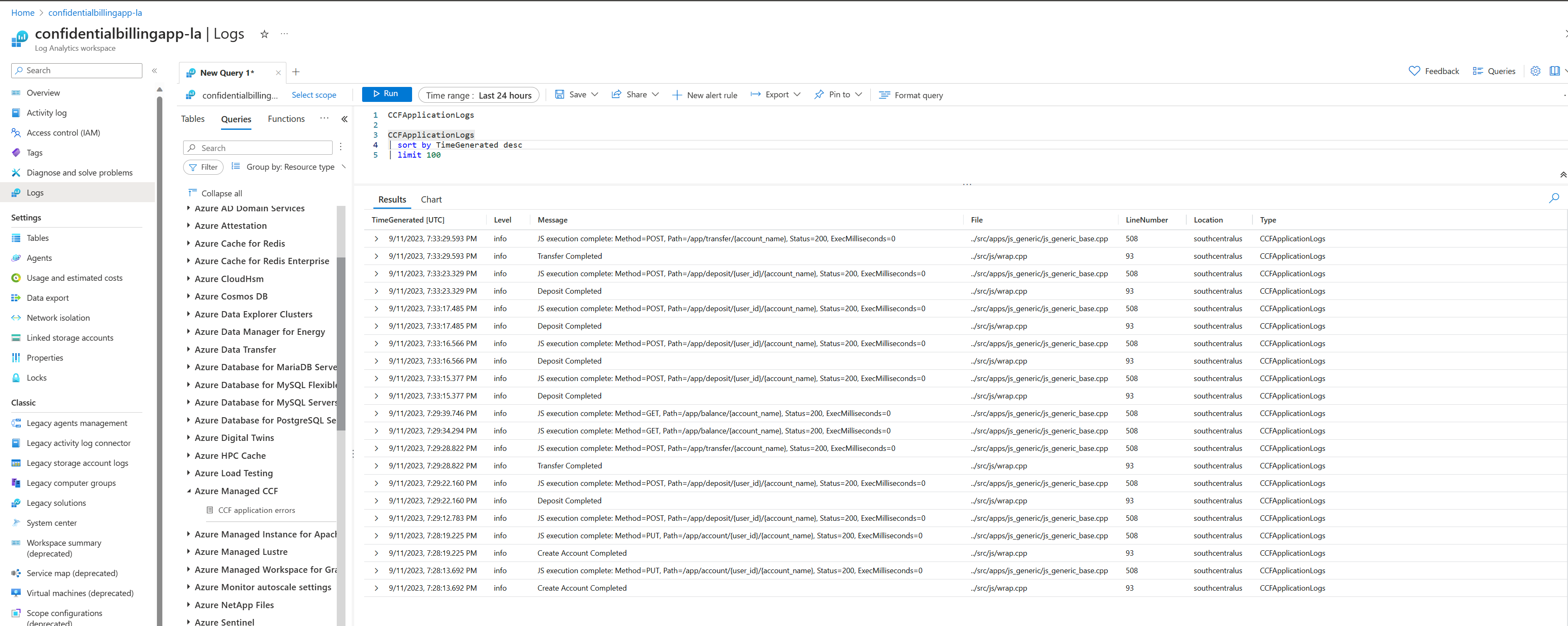 Screenshot that shows the Managed CCF resource query in the Log Analytics screen.