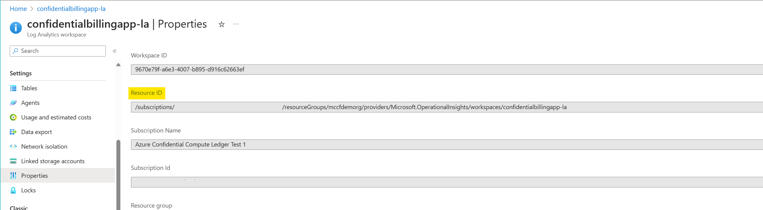 Screenshot that shows the properties of a Log Analytics workspace screen.