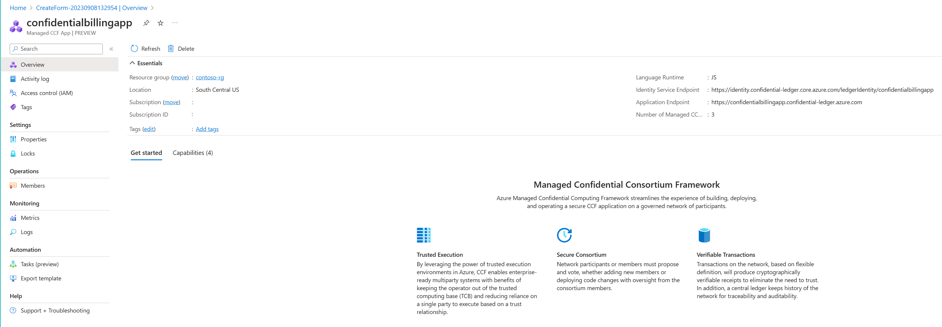 A screenshot of the Managed CCF resource properties screen.
