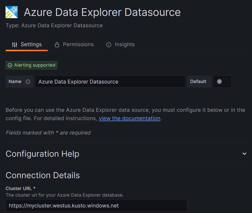Screenshot of the Grafana platform showing the basic configuration settings for Azure Data Explorer.