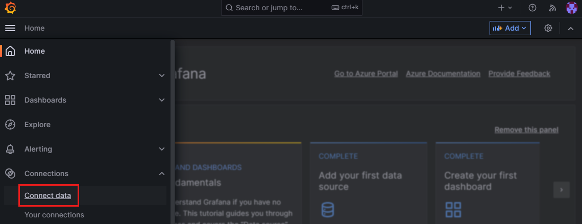Screenshot of the Grafana platform showing the Connect data option.