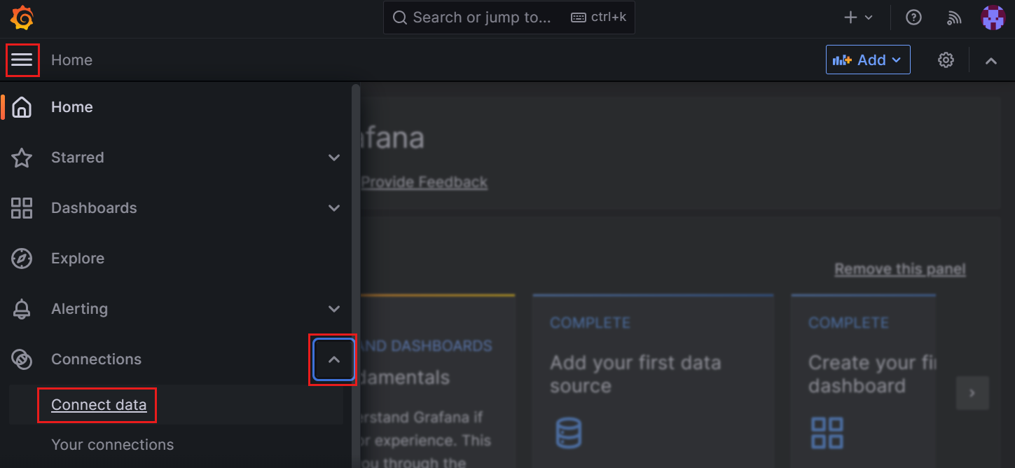 Screenshot of the Grafana dashboard. Access data sources.