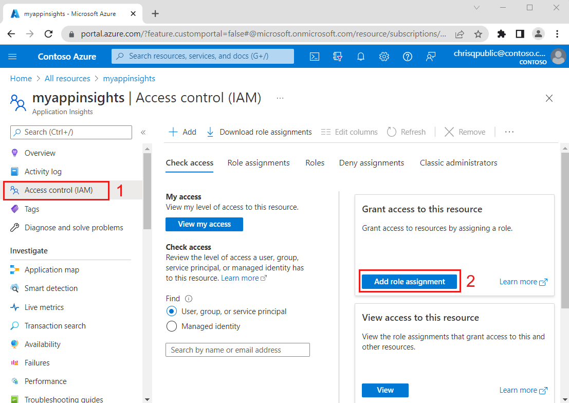 Screenshot of the Azure platform to add role assignment in App Insights.