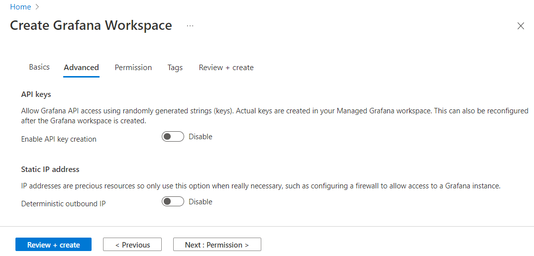 Screenshot of the Azure portal. Create workspace form. Advanced.