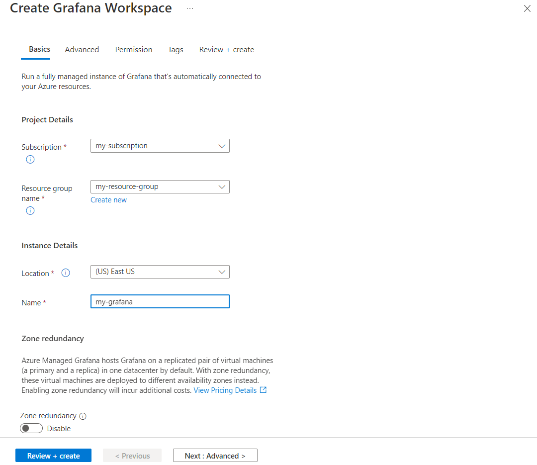 Screenshot of the Azure portal. Create workspace form. Basics.