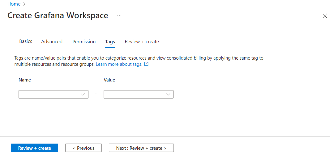 Screenshot of the Azure portal. Create workspace form. Tags.