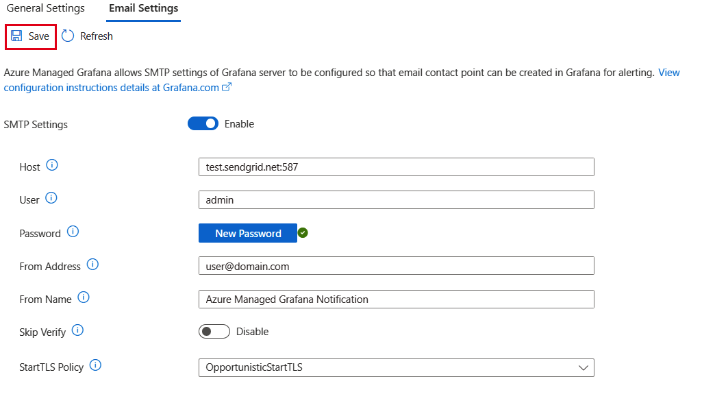 Screenshot of the Azure platform. Email Settings tab with new data.