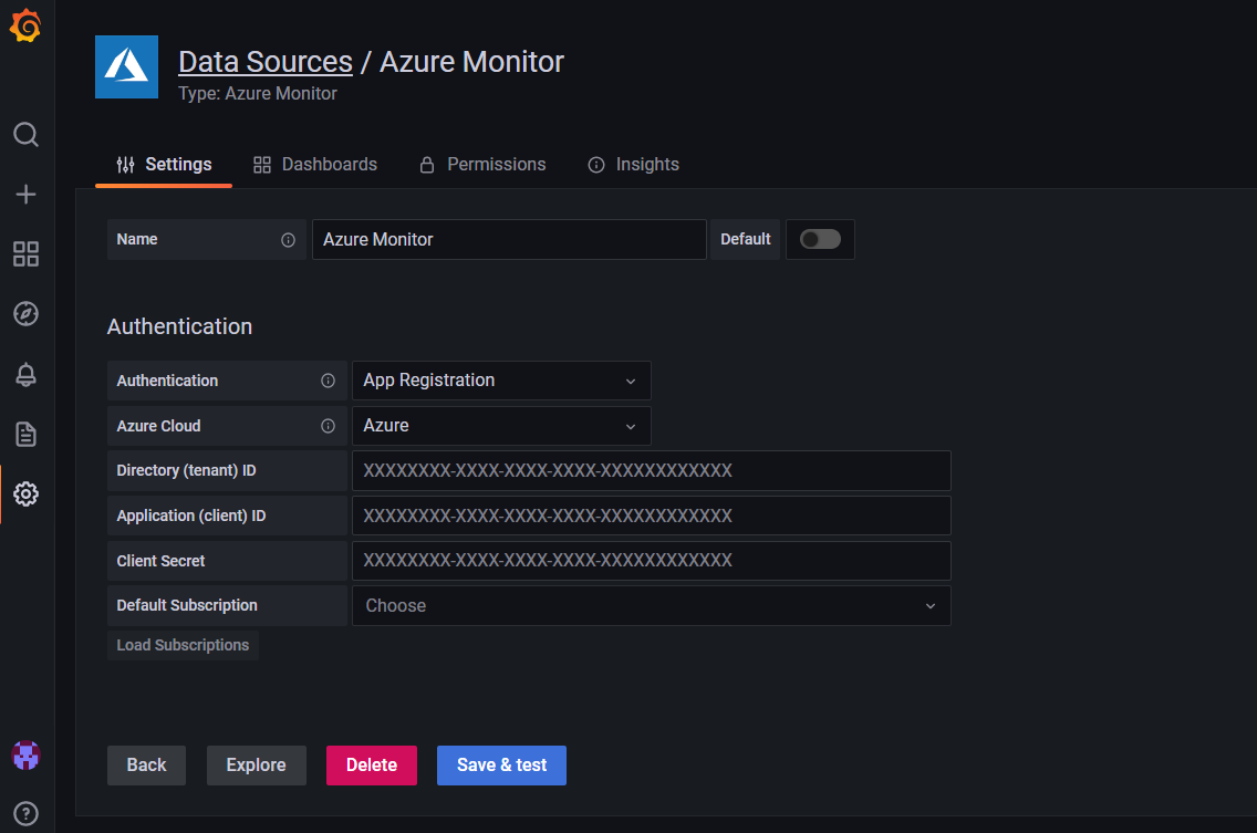 Screenshot of the Managed Grafana workspace: Check app registration authentication details.