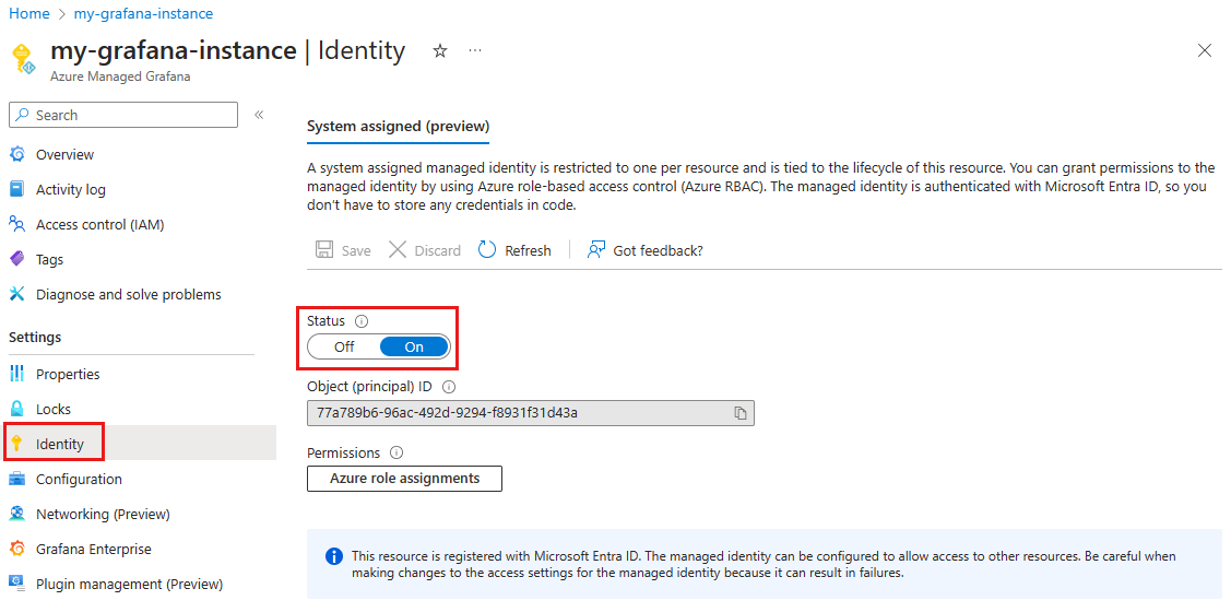 Screenshot of the Azure platform: Turn on system-assigned managed identity.