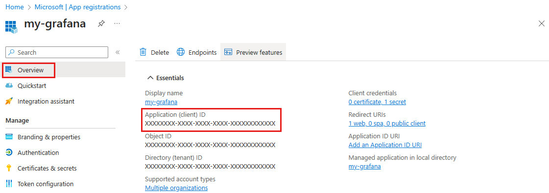 Screenshot of the Azure portal, getting client ID.