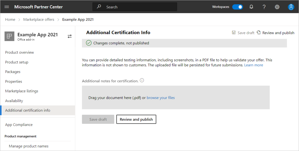 Screenshot of the Additional Certification Info page.