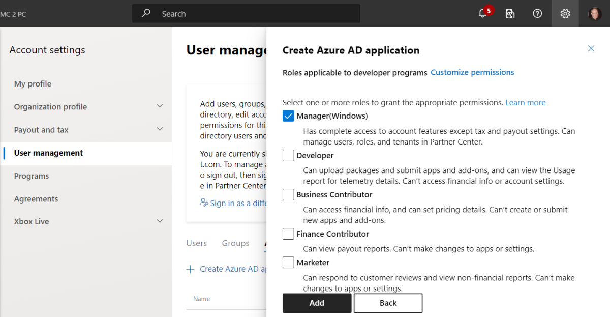 Illustrates the Create Azure AD application page with the check boxes for selecting roles.