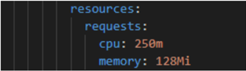 A screenshot of CPU resource requests in a deployment.yaml file. The content resembles the sample depoyment.yaml file linked in this article.
