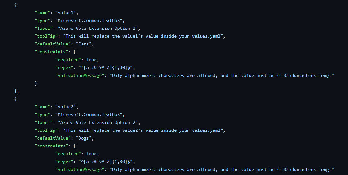 A screenshot of the createUiDefinition example linked in this article. Definitions for 'value1' and 'value2' are shown.
