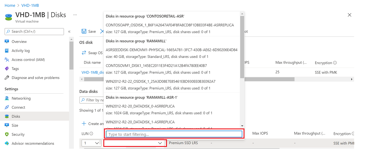 Screenshot showing how to select the data disk for your V H D.