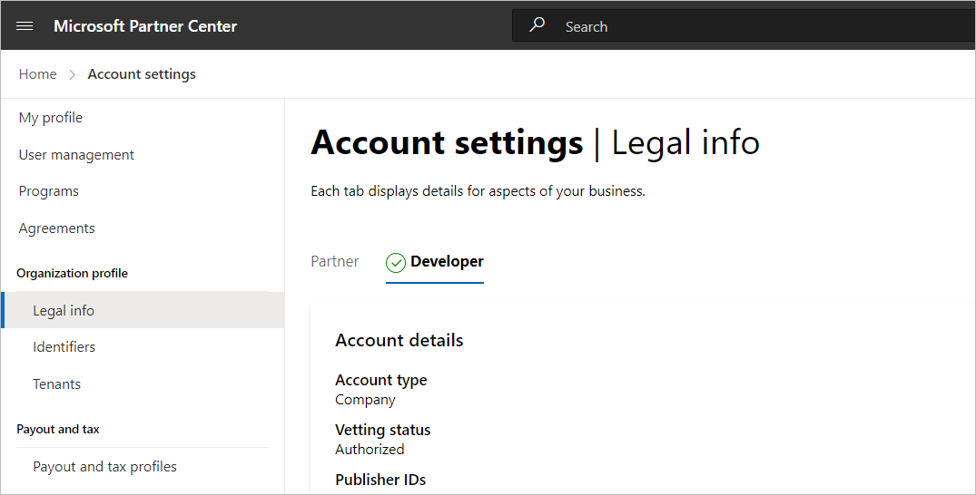 Screenshot of the developer tab on the legal page in Account settings.