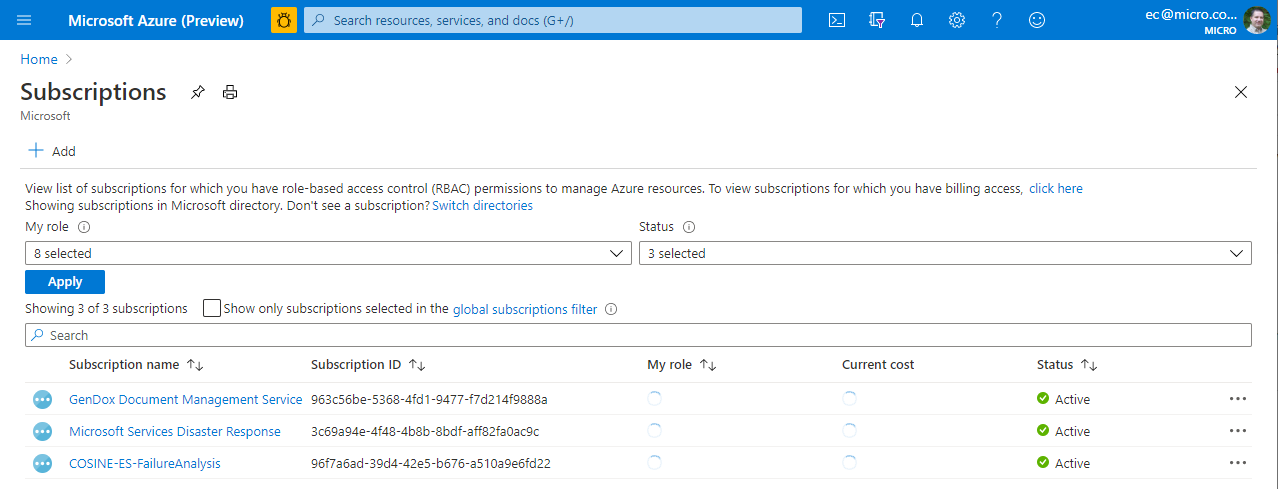 The Subscriptions screen in the Azure portal.