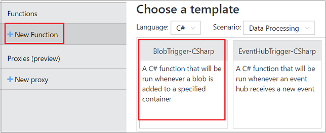 Screenshot shows the Choose a template dialog box with BlobTrigger selected.