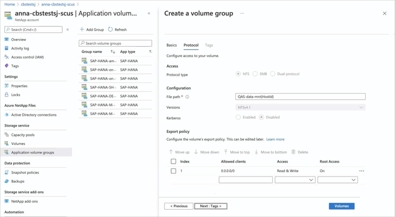 Screenshot that shows the Protocol tab of Create a Volume Group page.