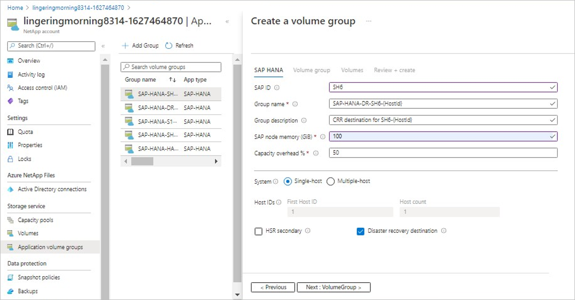 Screenshot that shows the Create a Volume Group page in a cross-region replication configuration.