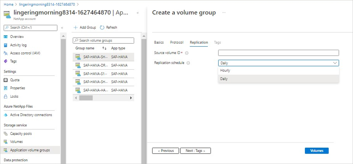 Screenshot that shows the Replication tab in Create a Volume Group page.