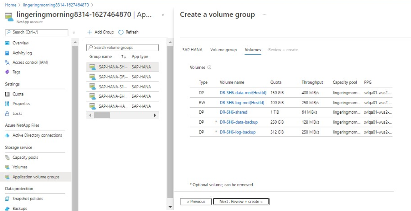 Screenshot that shows volume types in Create a Volume Group page.