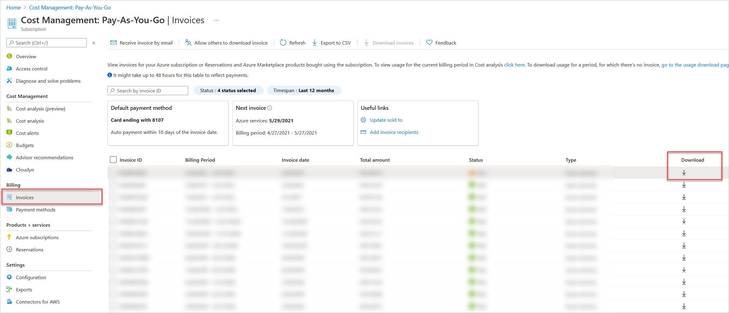 Screenshot that shows Invoices of Azure Cost Management