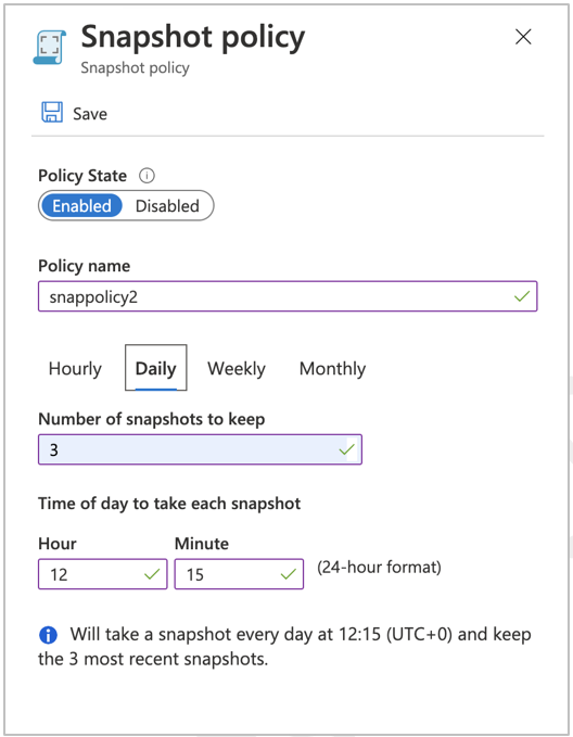 Screenshot that shows daily snapshot policy configuration.
