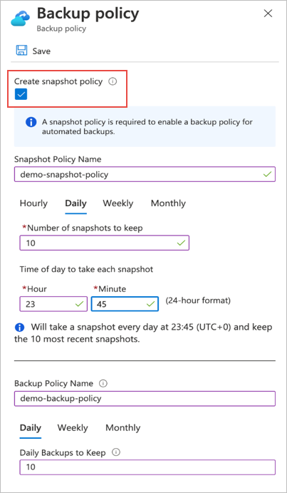 Screenshot that shows the Backup Policy window with Snapshot Policy selected.