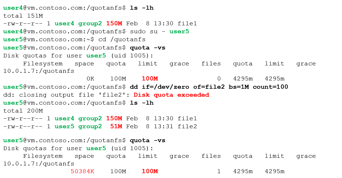 Example showing a scenario of exceeding disk quota.