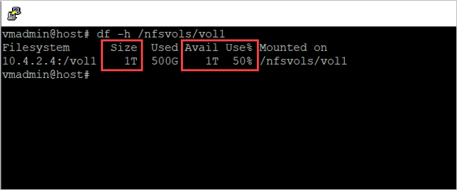 Screenshot that shows using Linux to display storage capacity for a volume after behavior change.