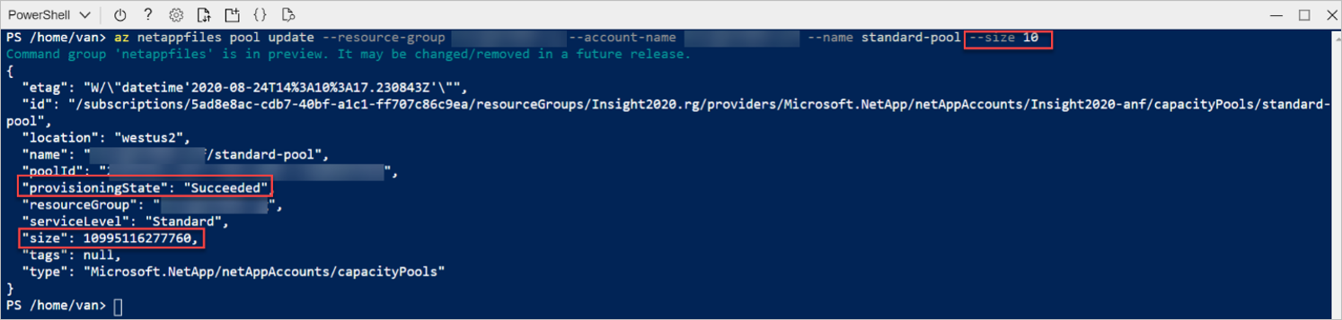 Screenshot that shows using PowerShell to update capacity pool size.