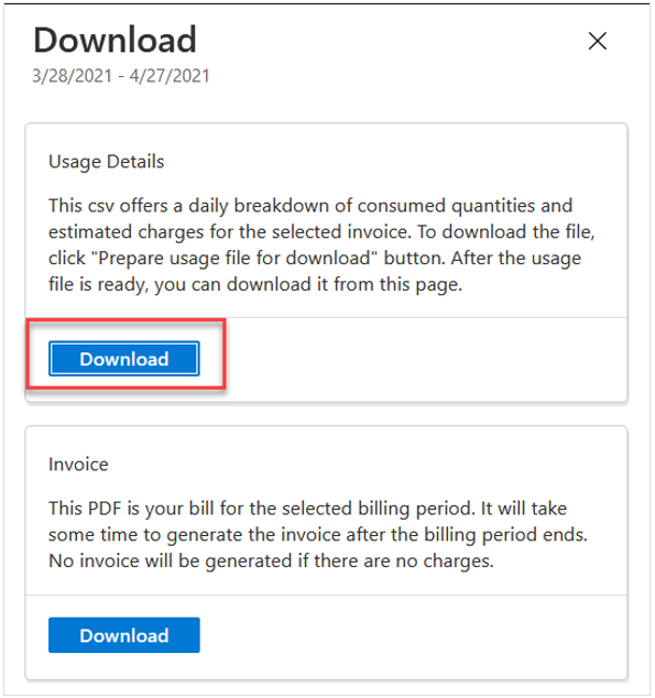 Snapshot that shows the Download window of Azure Cost Management.