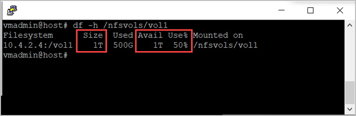 Screenshot that shows volume capacity reporting in Linux.