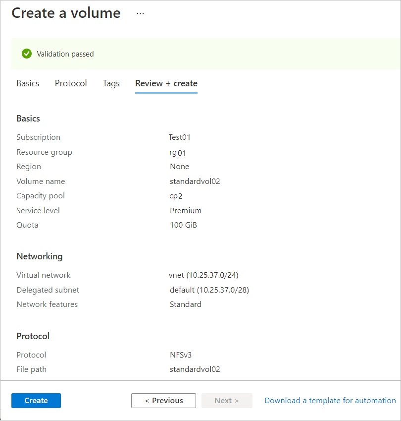 Screenshot that shows the Review and Create tab of volume creation.