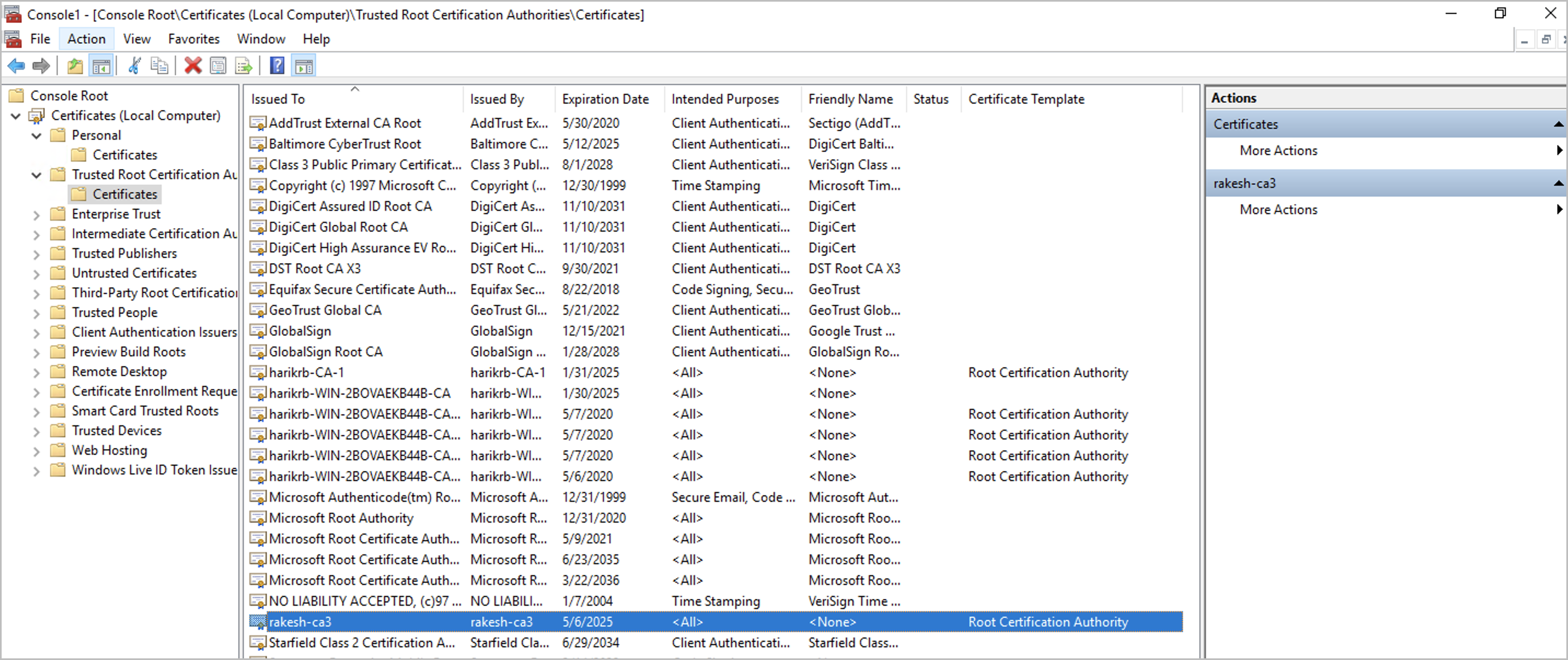 screenshot that shows trusted root certification authorities