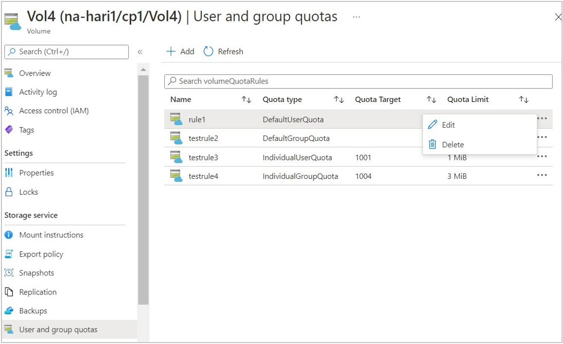 Screenshot that shows the Edit and Delete options of Users and Group Quotas.