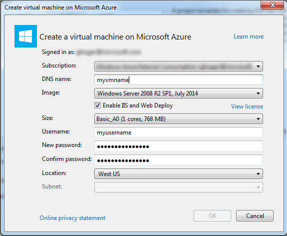Create virtual machine on Azure dialog box