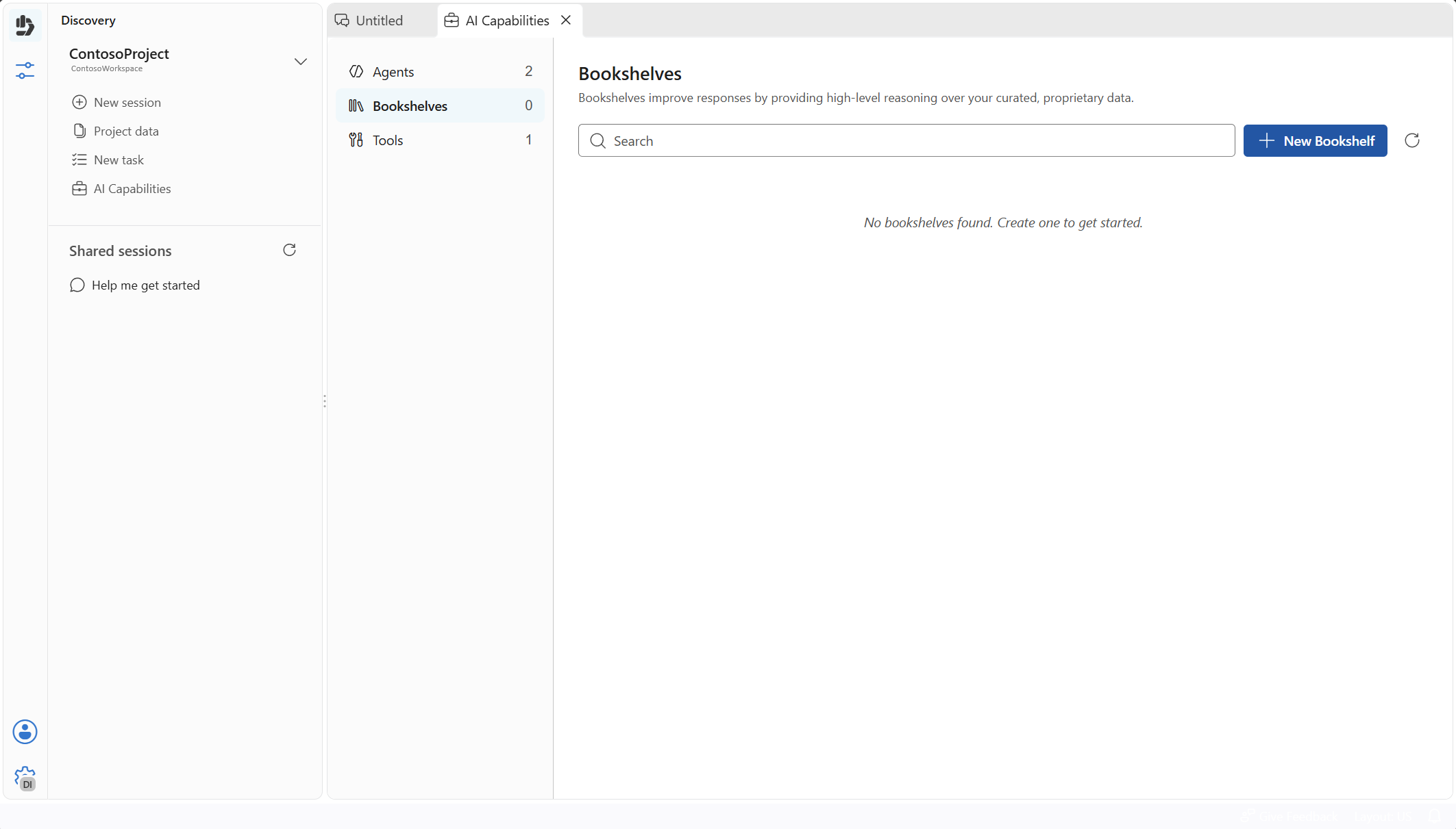 Screenshot that shows the Bookshelves section of the AI Capabilities tab in Discovery Studio with the New Bookshelf button.